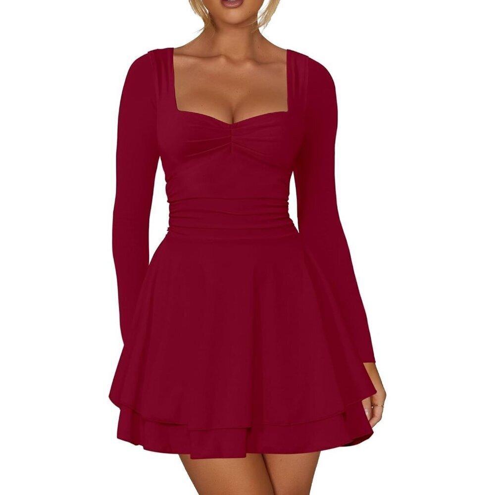Women's Wine Red Square Neck Long Sleeve Ruched Ruffle Corset A Line Party Dress